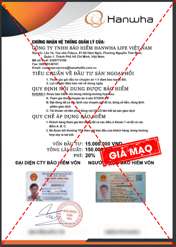 Hanwha Life Việt Nam thông báo thông tin giả mạo mà các đối tượng dùng để dụ dỗ người dân